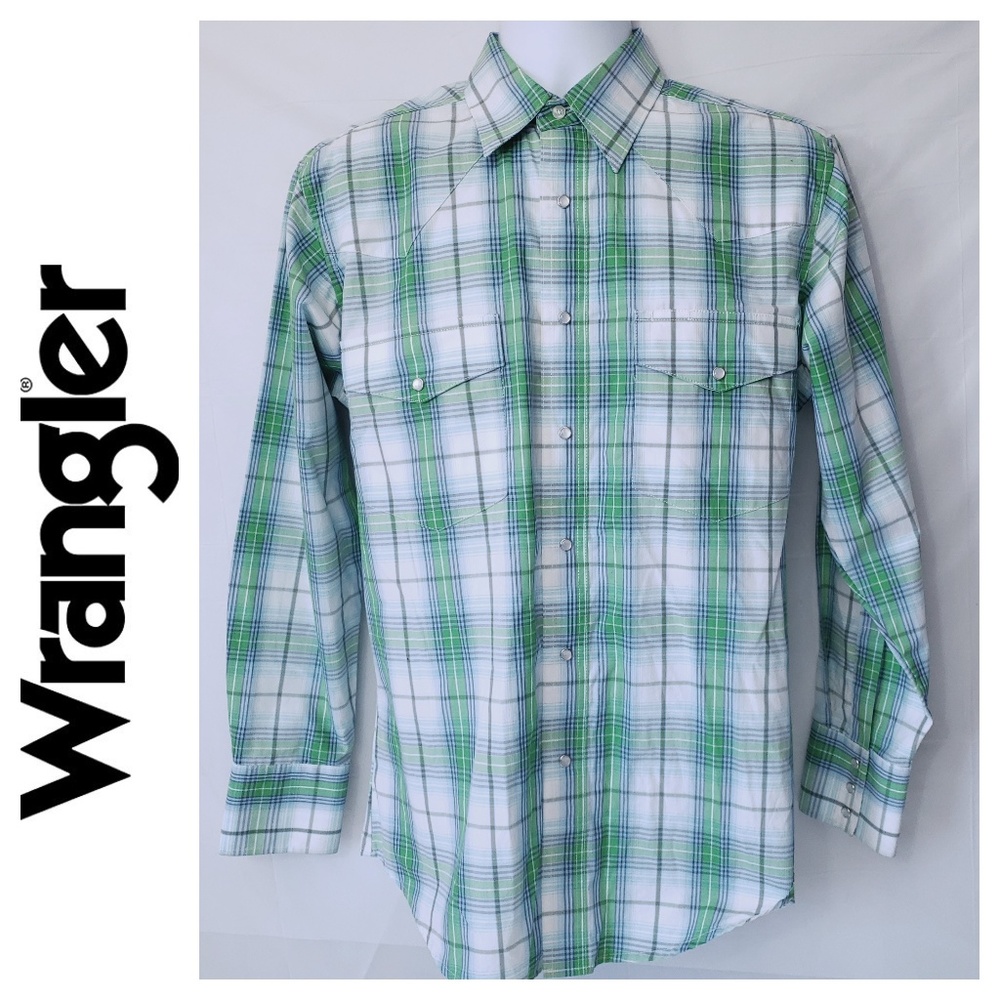 Wrangler Mens Medium Blue Green Plaid Pearl Snap Western Shirt MWR160M
